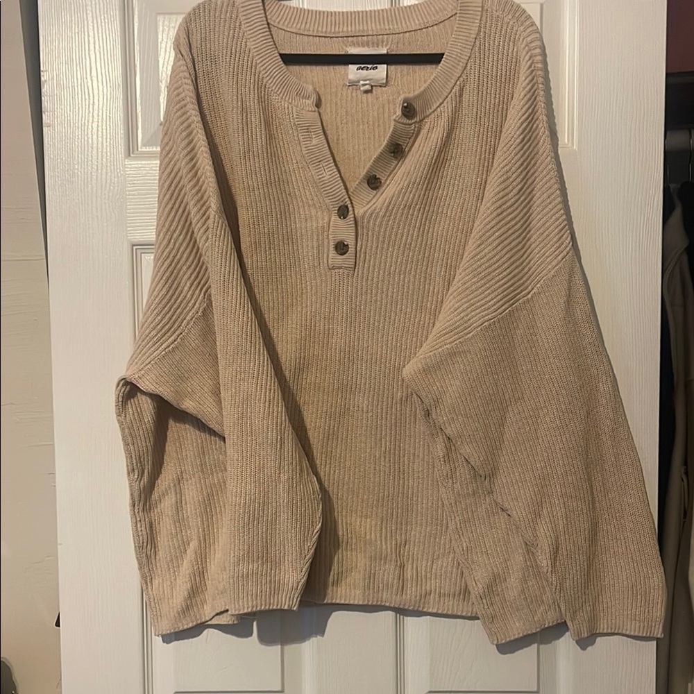 Beige Ribbed Henley Sweater
